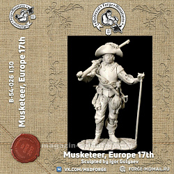 Сборная миниатюра из смолы Musketeer, Europe 17 th, 54 mm Medieval Forge Miniatures