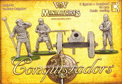 Сборная миниатюра из смолы Артиллерия конкистадоров (3 фигурки и пушка), 40 мм, V&V miniatures - фото