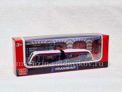 Трамвай с резинкой, металл, сине-белый, 12 см, Технопарк